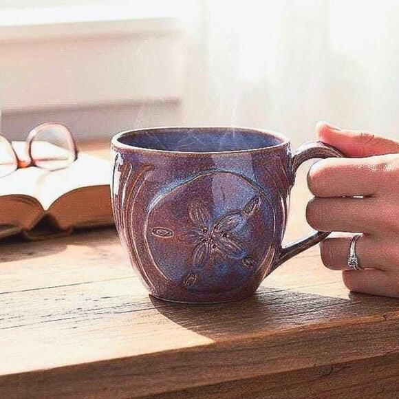 Sand Dollar Sculpted Stoneware Coffee Mug in Rust, Pink & Blue Glazes - Picture 1 of 13